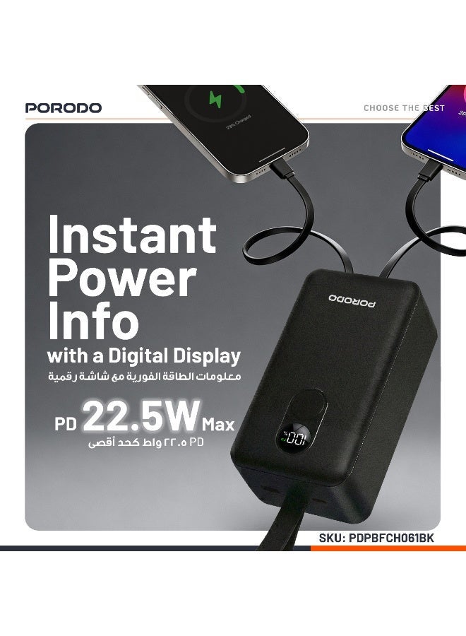 بورودو باور بانك 50000 مللي أمبير في الساعة بتقنية PD بقوة 22.5 وات مع كابلين مدمجين من النوع C وLightning / شاشة رقمية / من 0% إلى 60% في 35 دقيقة / شحن متزامن - أسود - Image 3